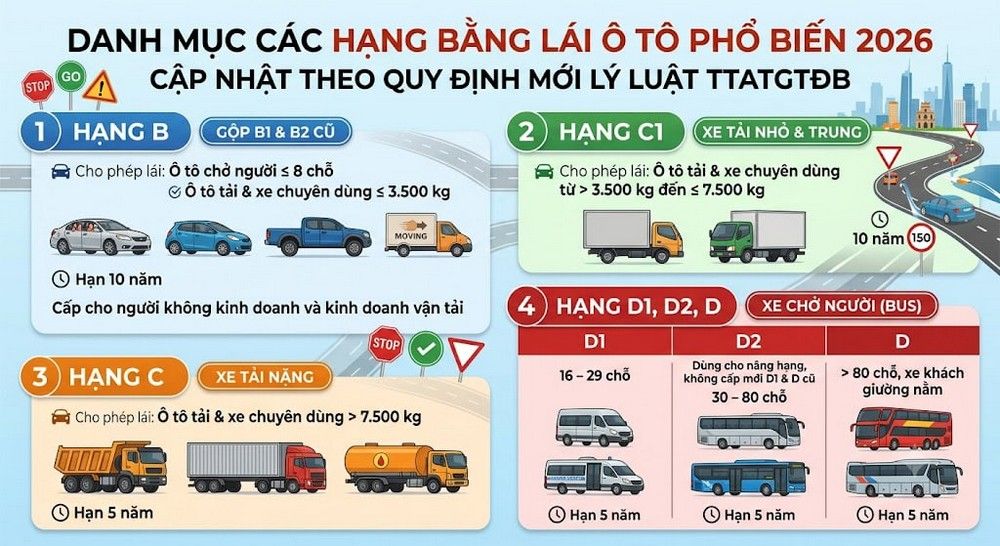 Các hạng bằng lái ô tô phổ biến hiện nay
