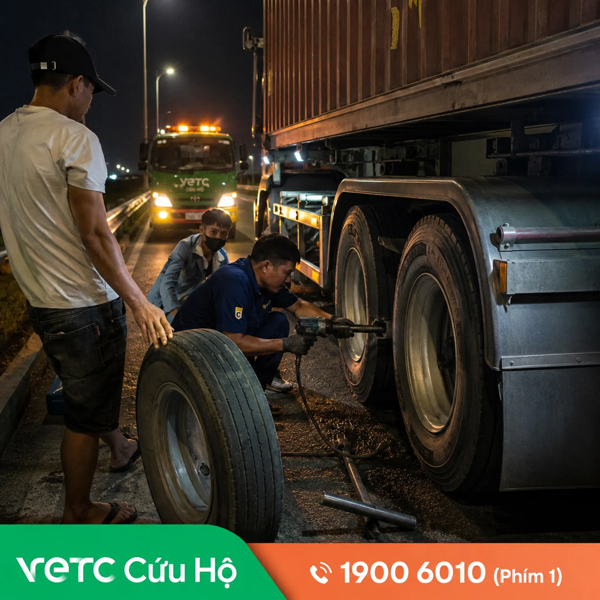 Bị hỏng lốp xe container ban đêm
