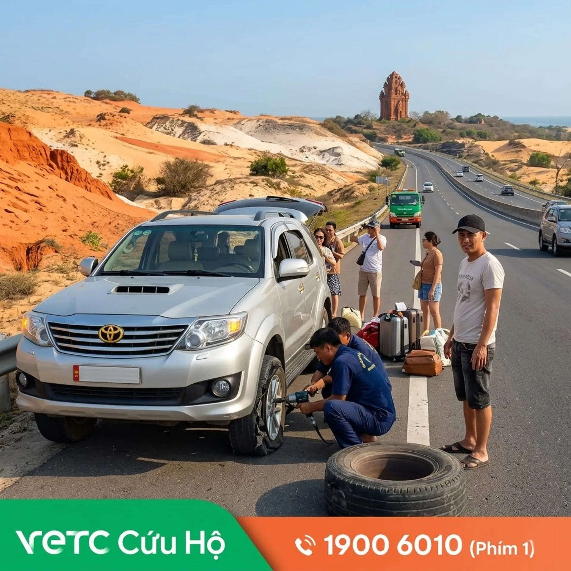 Xe du lịch bị nổ lốp trên đường đi Phan Thiết