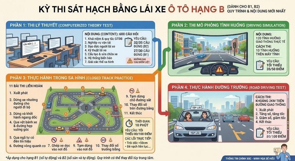 Thi bằng lái xe hạng B gồm những bài nào?