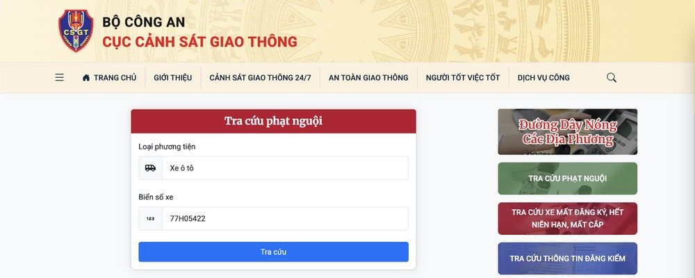 Tra cứu trên Cổng thông tin Cục Cảnh sát giao thông